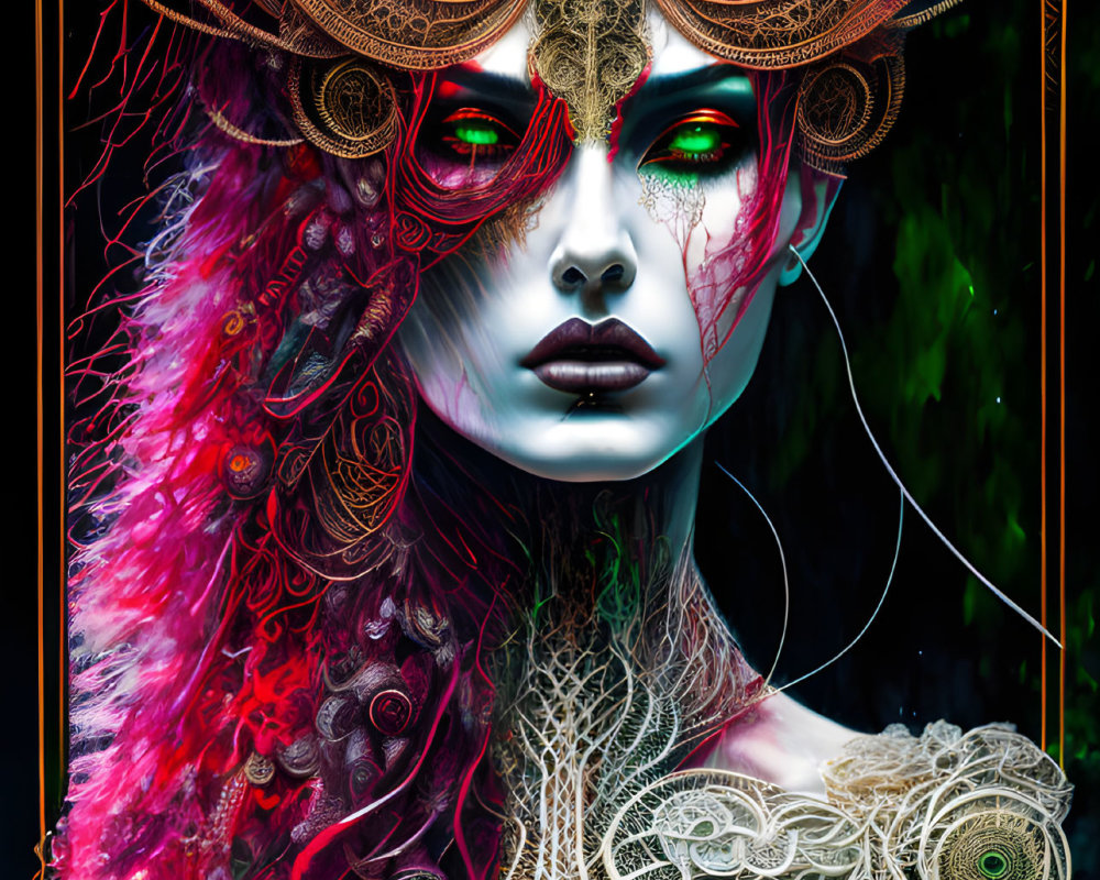 Fantasy artwork: Blue-skinned female with pink hair and copper mask