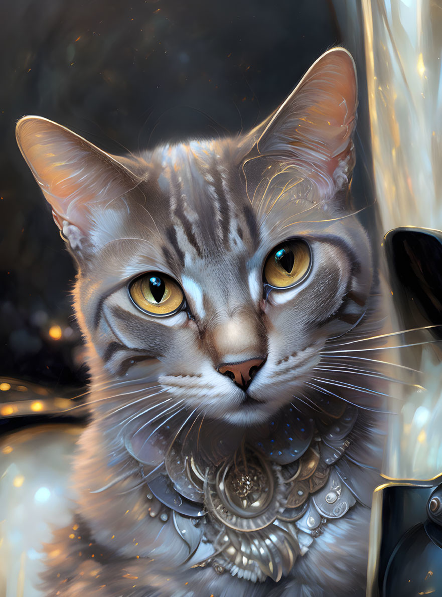 Detailed digital painting of a cat with amber eyes and ornate collar