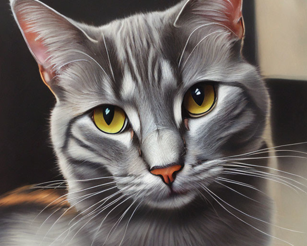 Realistic Grey Cat Painting with Yellow Eyes