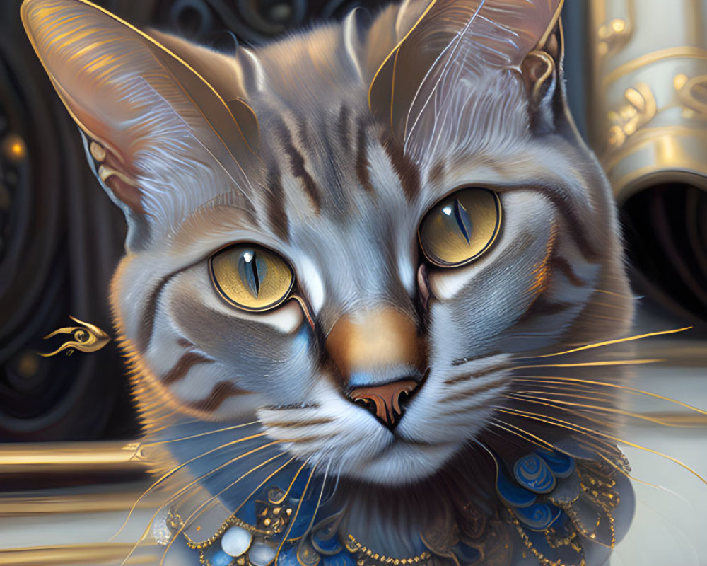 Regal feline digital art: amber-eyed cat with gold and blue jewelry on mechanical backdrop