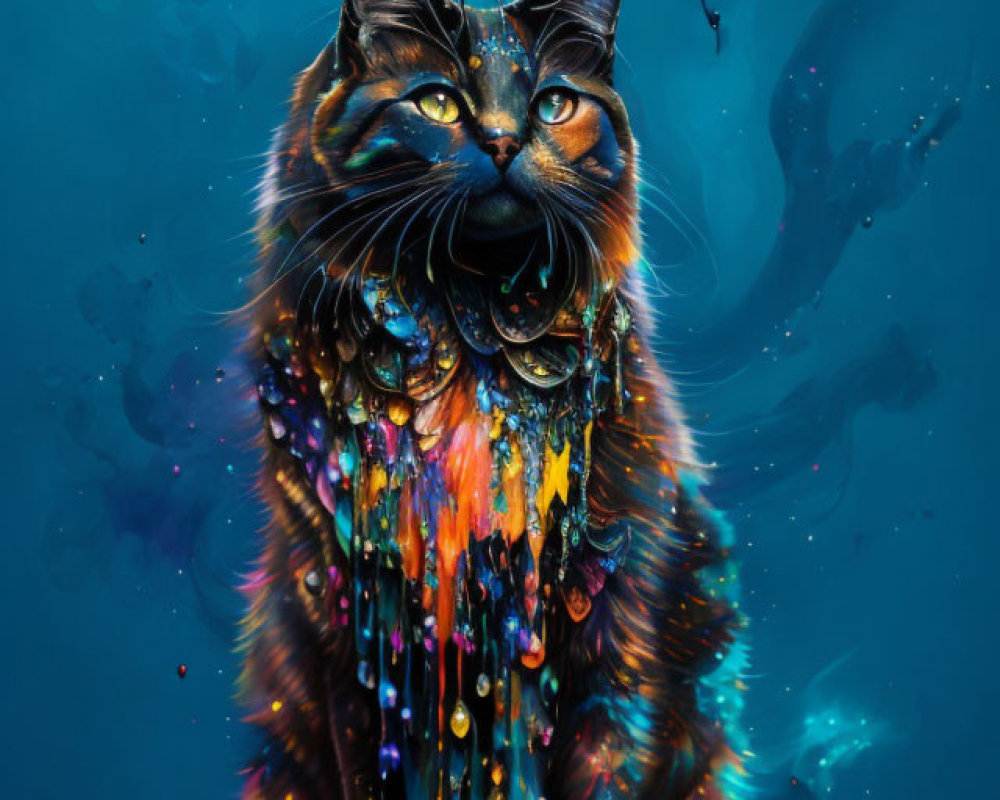 Colorful Melting Cat Artwork on Dark Blue Background