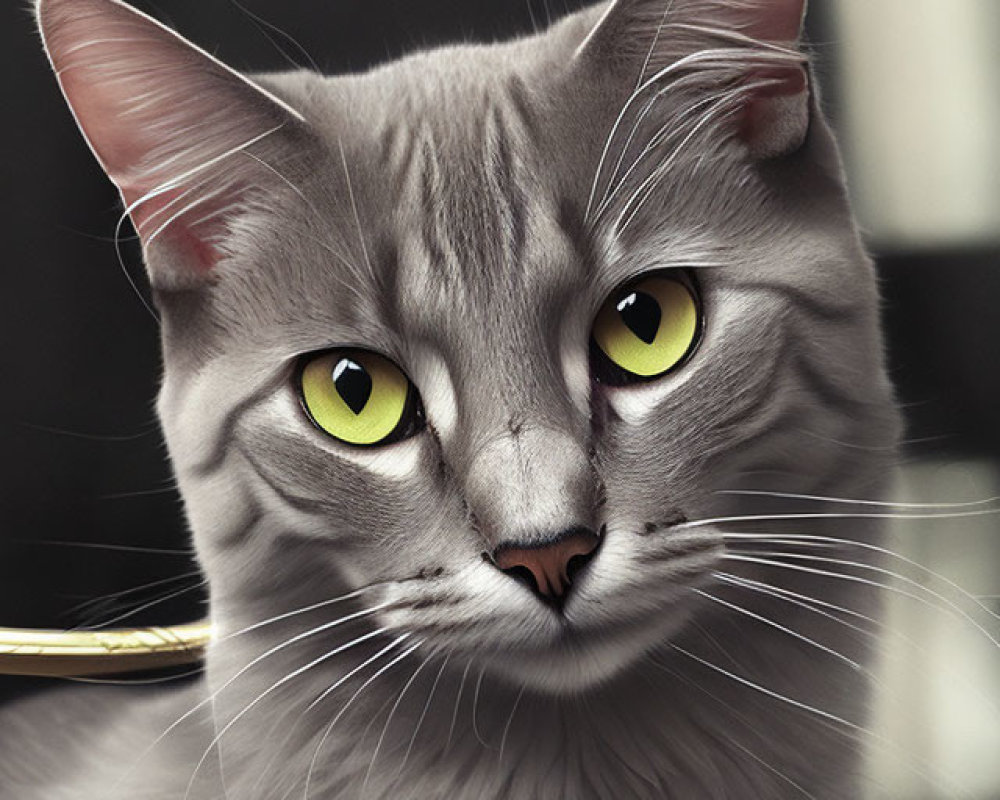 Grey cat with striking yellow eyes and sleek coat in close-up shot