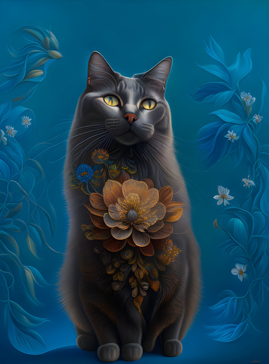 Gray Cat with Yellow Eyes and Golden Flower Chest on Blue Background