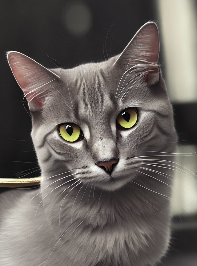 Grey cat with striking yellow eyes and sleek coat in close-up shot