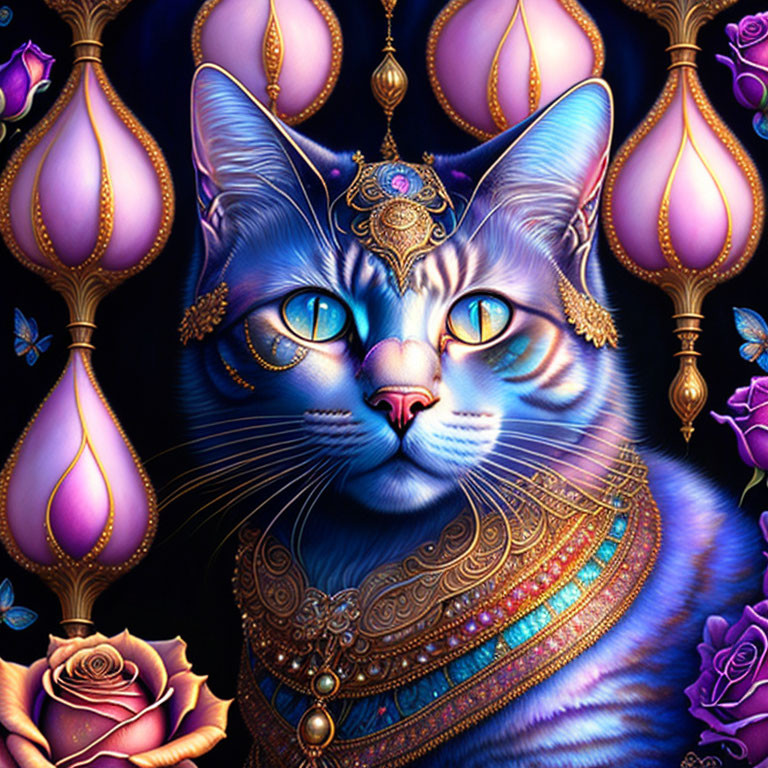 Majestic blue cat with ornate jewels in enchanting setting