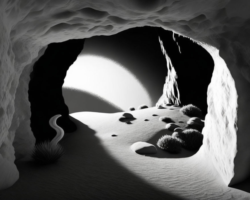 Monochrome image of cave opening to sandy desert with rocks and vegetation