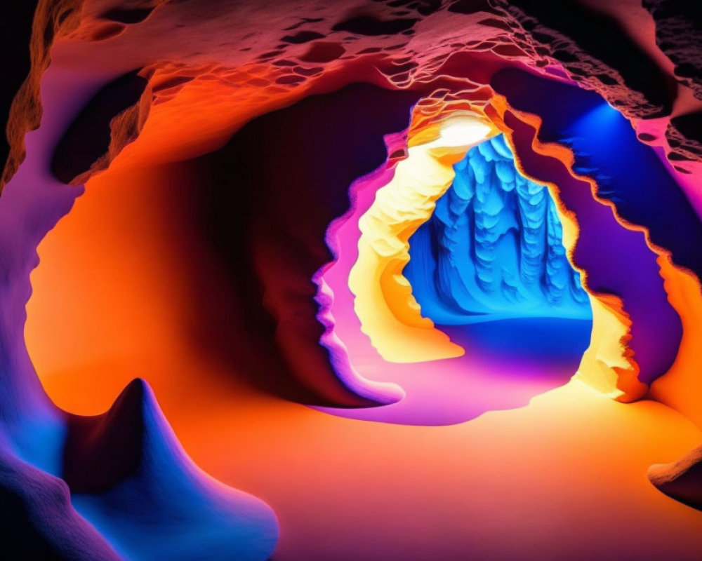 Colorful Cave Interior with Orange, Purple, and Blue Rock Formations