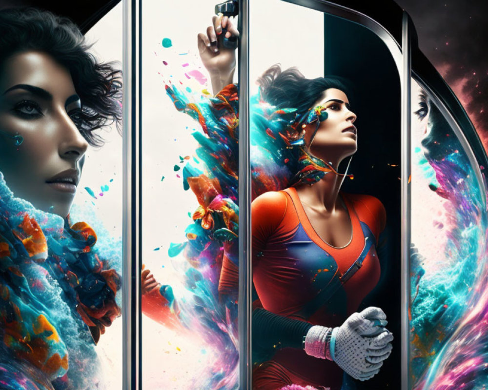 Split image of woman with earphones spraying perfume bottle and surrounded by vibrant liquid galaxies.