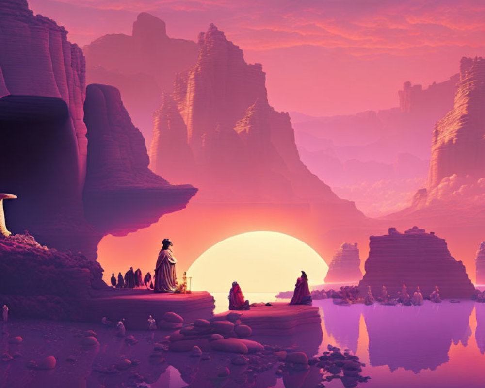 Surreal pink landscape with rock formations, setting sun, water, and silhouetted figures