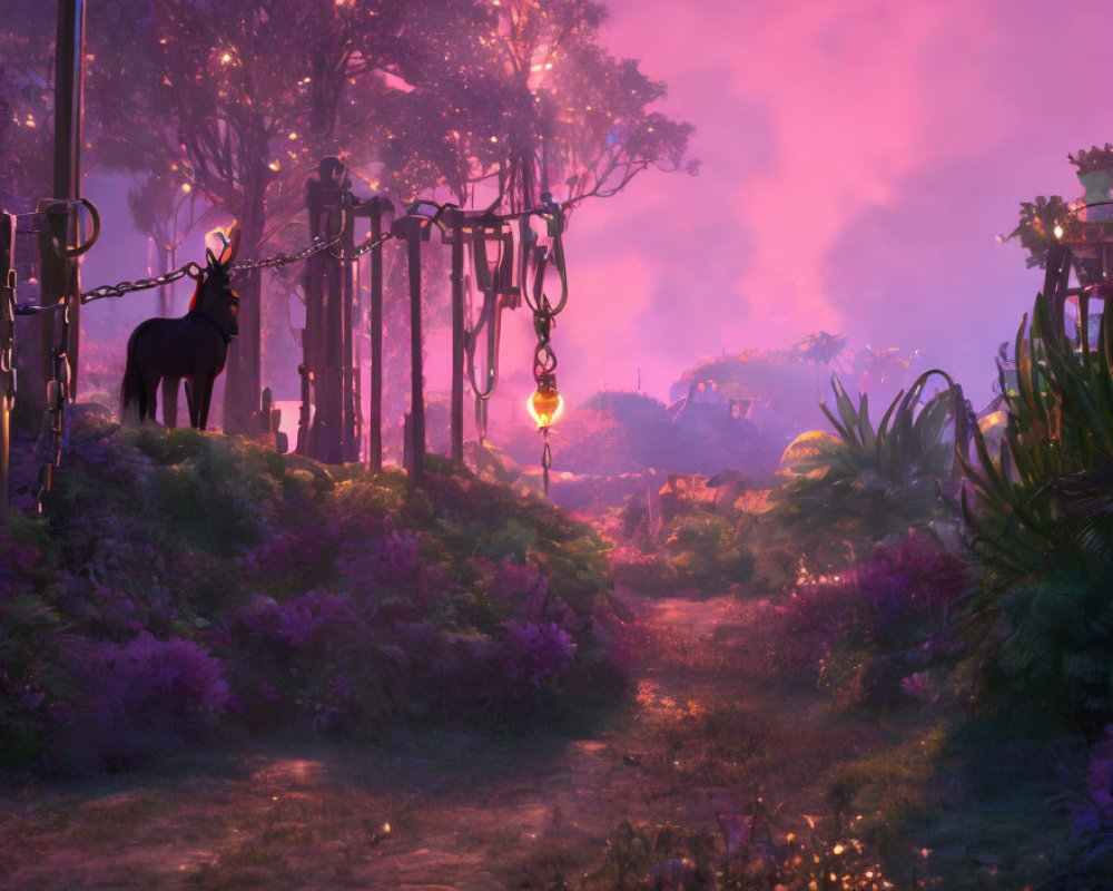 Mystical forest with purple hues, unicorn, lantern-lit path, hanging chains