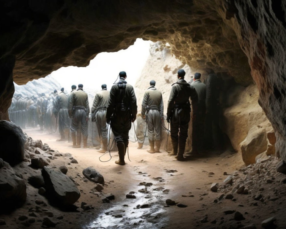 Military soldiers in uniform walking through cave towards light.