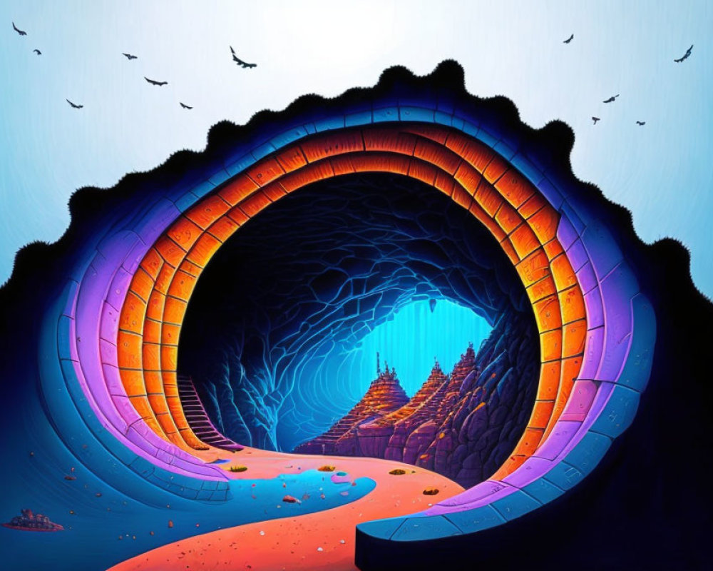 Colorful digital artwork: whimsical tunnel, stone pathway, forest, birds, gradient sky