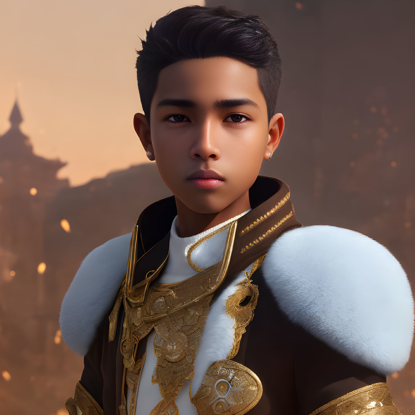 Young man in golden armor with slicked-back hair on amber backdrop