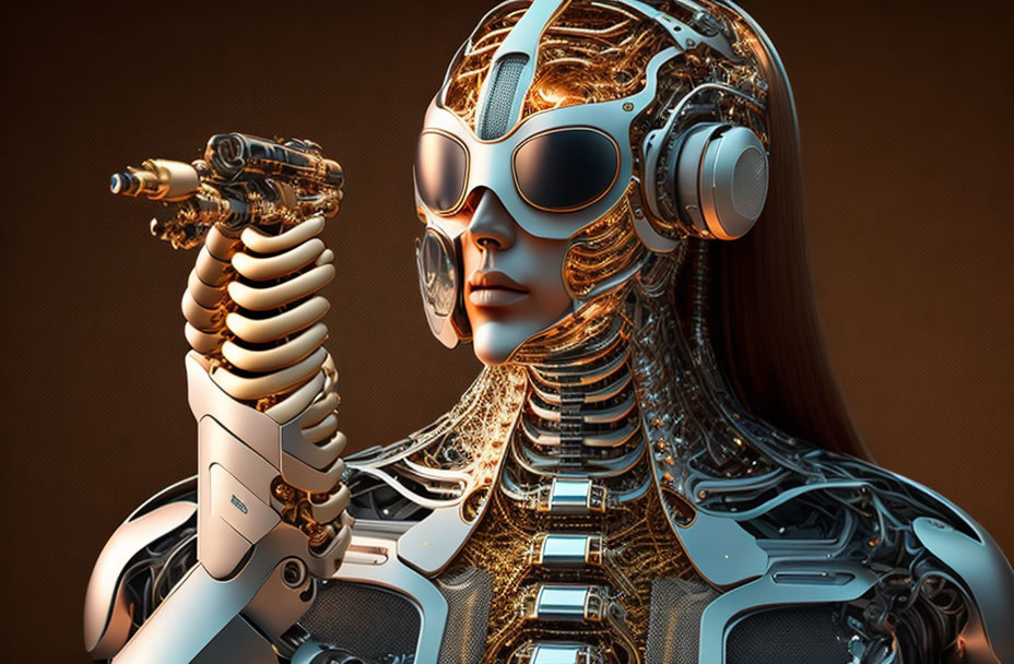 Detailed Female Humanoid Robot Figure with Gun & Mechanical Spine on Copper Background