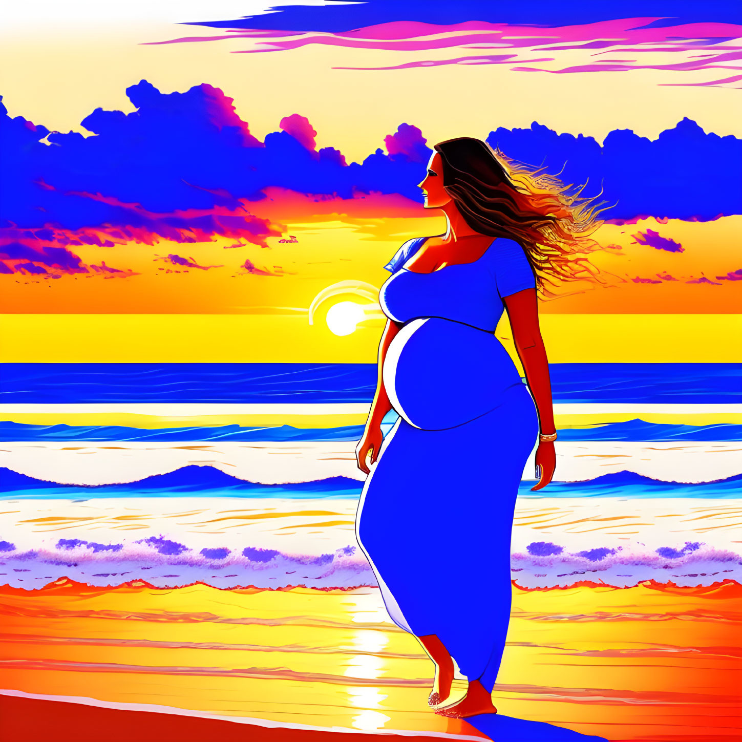 Pregnant woman in blue dress walking on shore at sunset