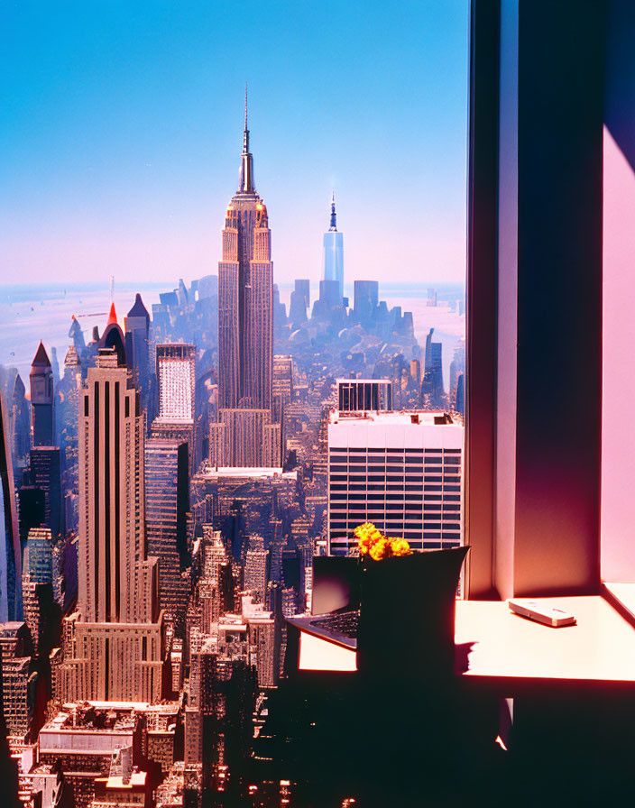 Urban skyline with skyscrapers, clear sky, book, and flowers in window sill
