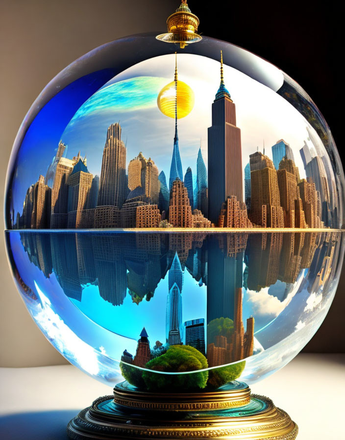 Skyscraper cityscape reflected in crystal ball