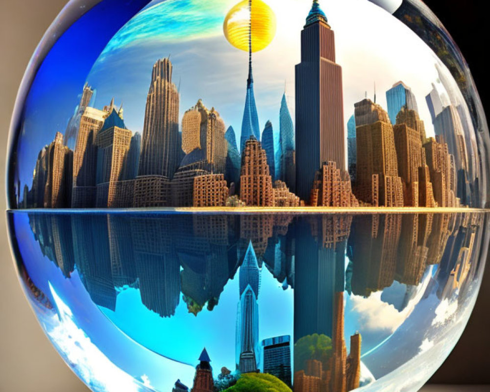 Skyscraper cityscape reflected in crystal ball