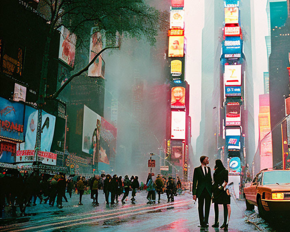 Vibrant cityscape with billboards, wet streets, and pedestrians under cloudy sky