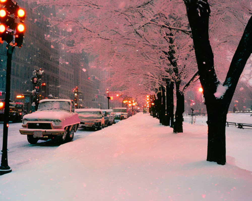 Snow-covered city street with vintage lampposts and pink twilight ambiance