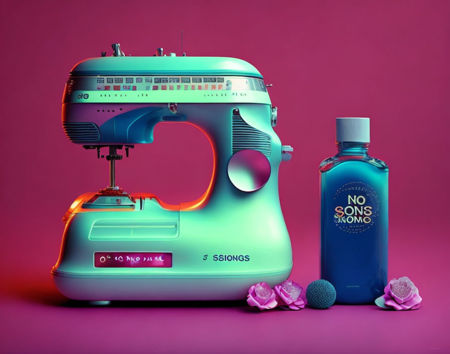 Colorful teal sewing machine and "NO SONS SUMO" bottle with decorative balls and flower on