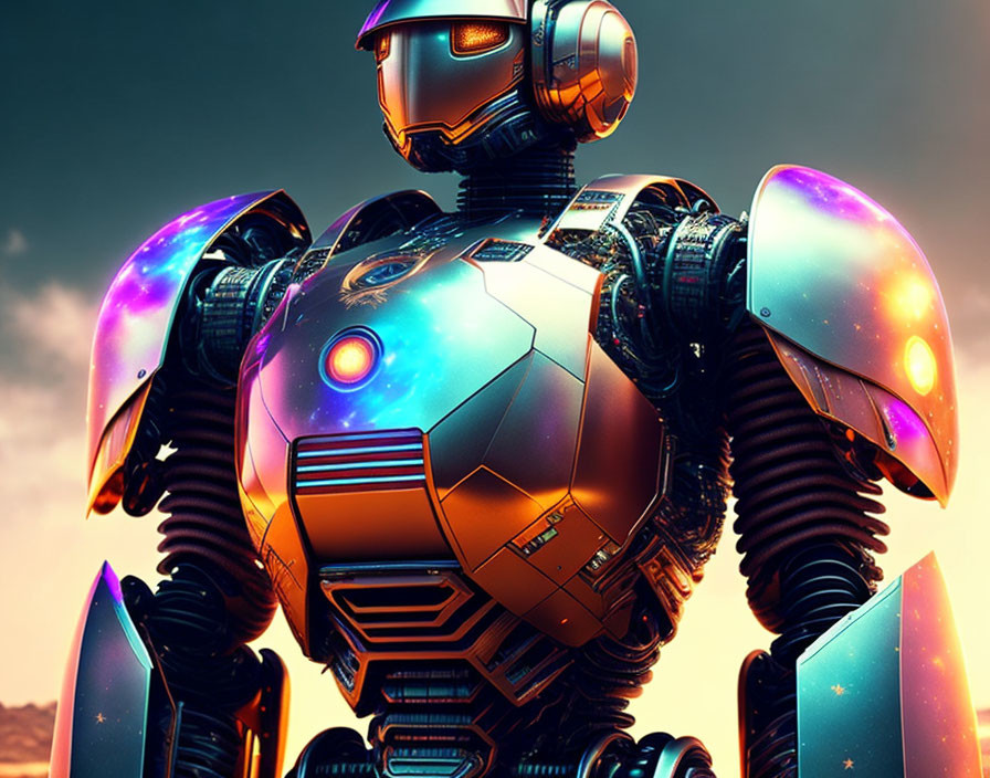 Detailed futuristic robot illustration with glowing chest and cosmic shoulder pads in dusk sky