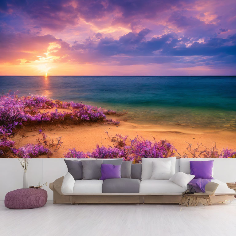 Modern Living Room with Large Sofa and Purple Cushions Transitions to Beach Scene with Sunset and Flowers