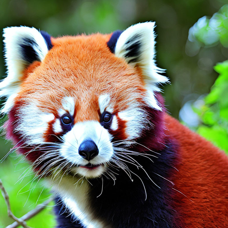 Red panda with vibrant fur and bushy tail on blurred green background