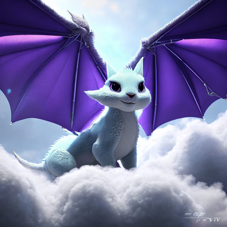 Blue dragon with purple wings on fluffy clouds against soft blue sky