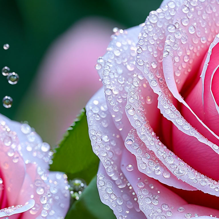 Pink rose with dewdrops on petals against blurred green background