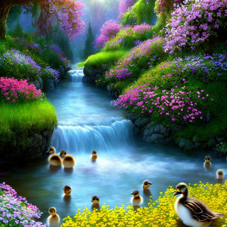 Colorful ducks swimming in a small waterfall surrounded by lush flowering bushes under magical light