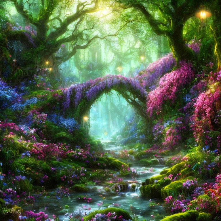 Vibrant forest with purple flowers, lush greenery, gentle stream, and magical lights