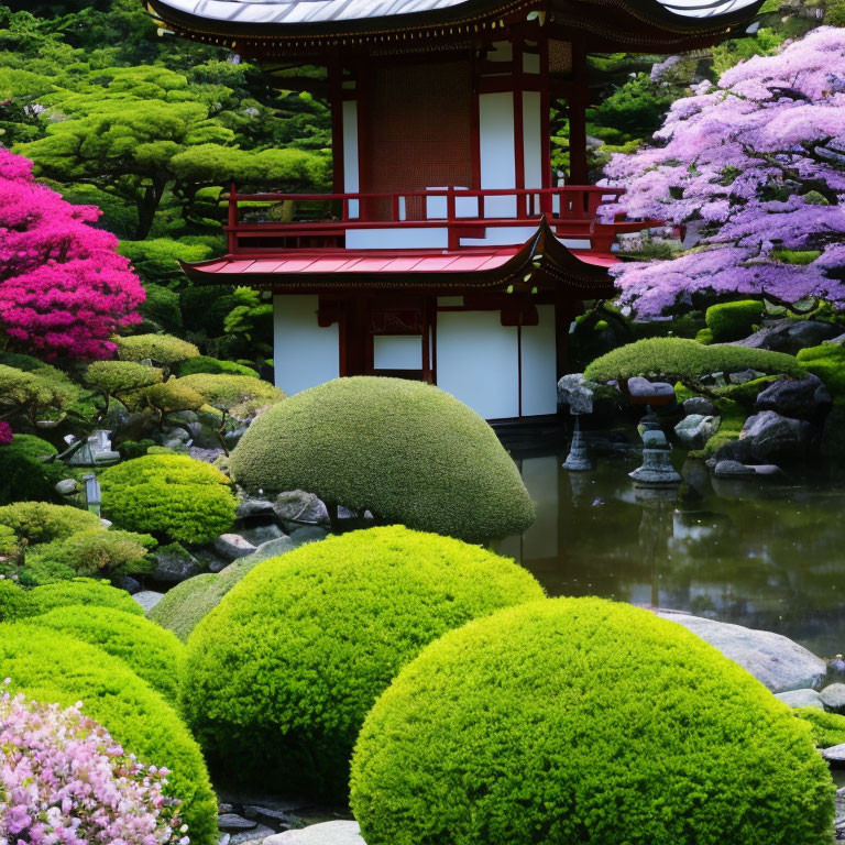 Serene Japanese garden with red structure, trimmed bushes, and blossoming flowers