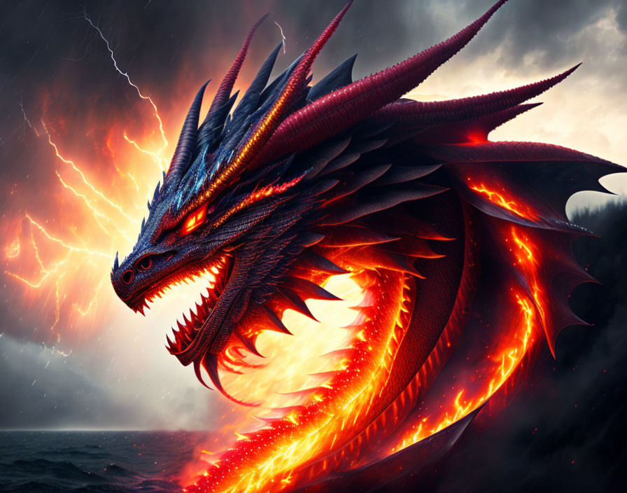 Red dragon emerges from stormy clouds with lightning.