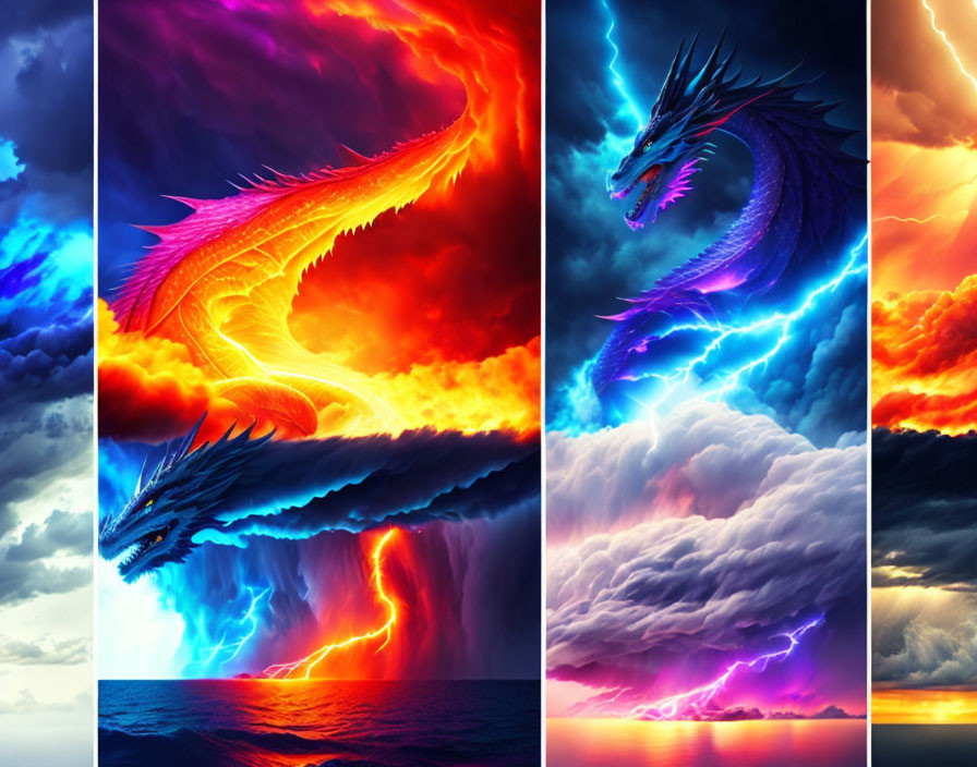 Digital collage of fiery and icy dragons in stormy skies