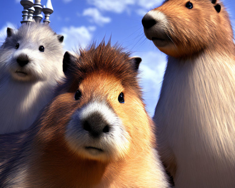 Three Cartoon Guinea Pigs with Curious Expressions and Whimsical Castle Under Blue Sky