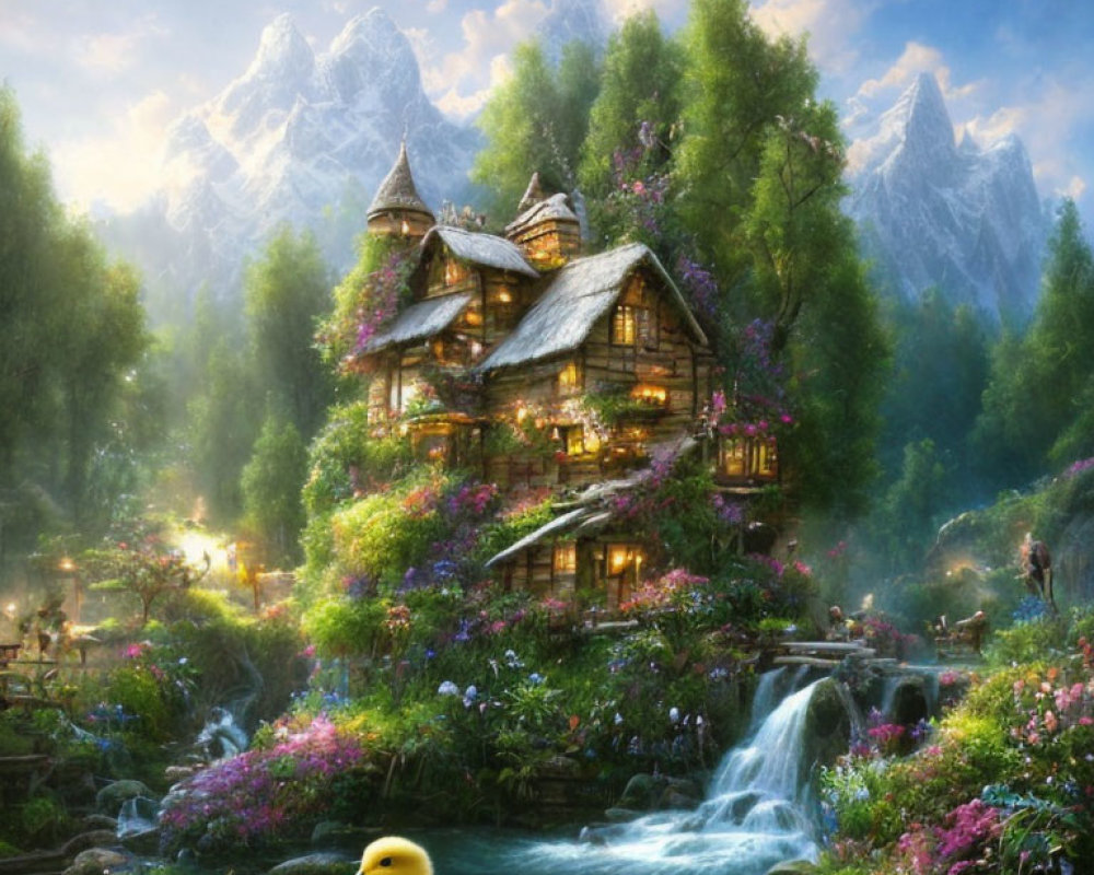 Charming cottage with gardens, stream, flowers, mountains, and rubber duck