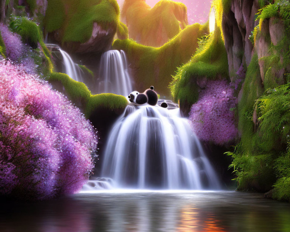 Tranquil waterfall scene with pandas in lush nature