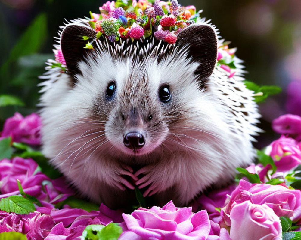 Adorable hedgehog with pink flower crown among vibrant roses