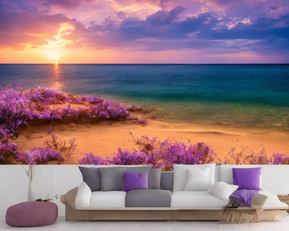 Modern Living Room with Large Sofa and Purple Cushions Transitions to Beach Scene with Sunset and Flowers