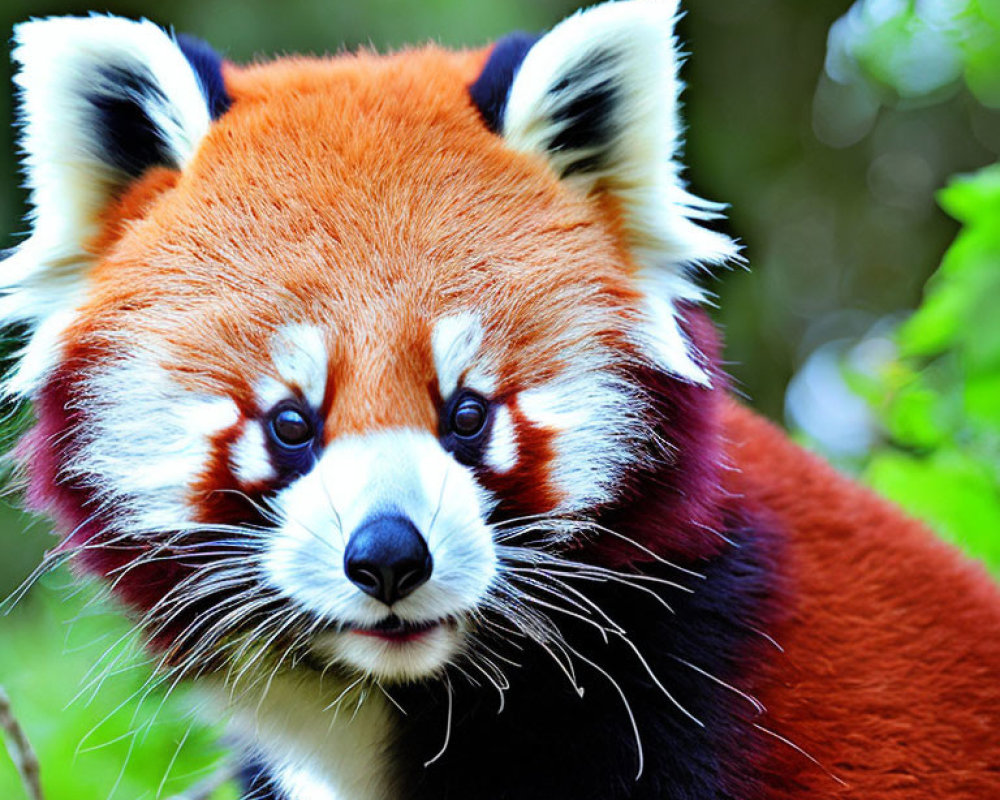 Red panda with vibrant fur and bushy tail on blurred green background