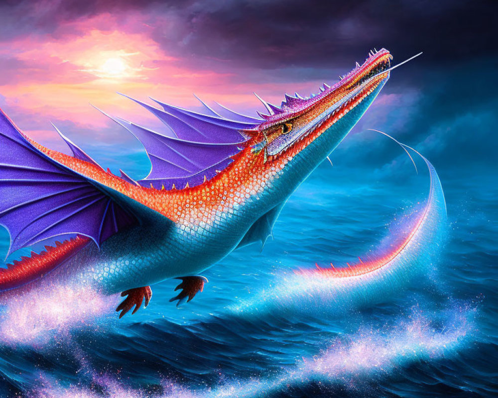 Purple dragon flying over ocean at sunset with glowing body