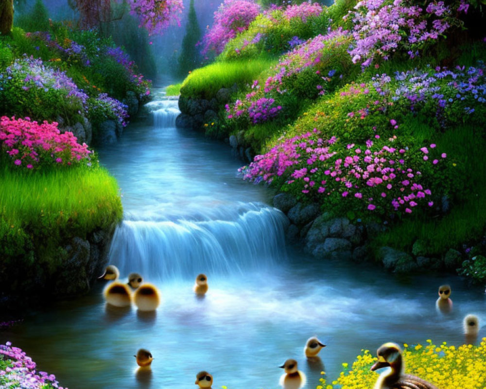 Colorful ducks swimming in a small waterfall surrounded by lush flowering bushes under magical light