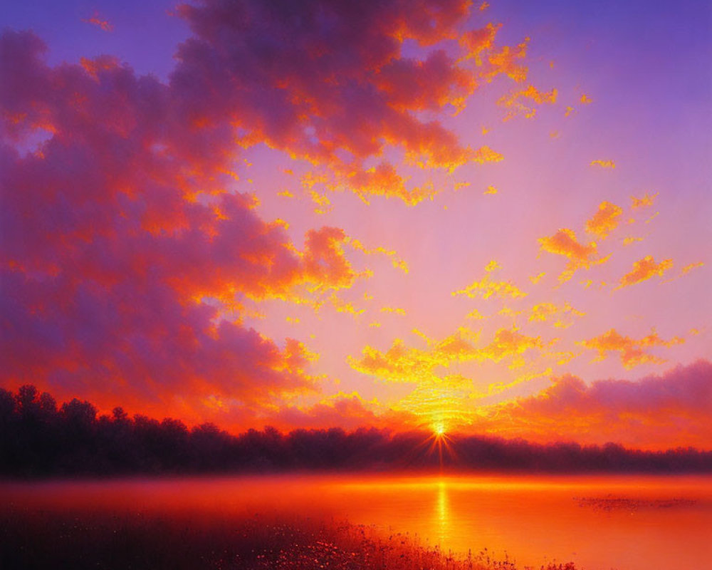 Scenic sunset with radiant clouds reflected on tranquil lake