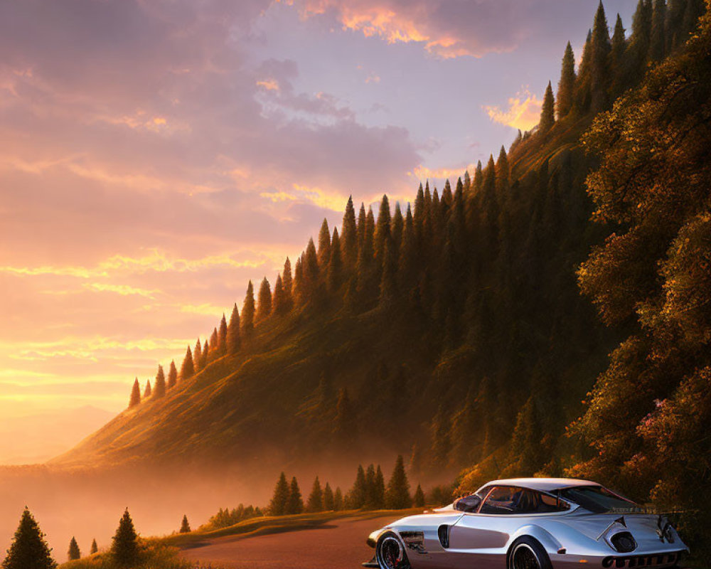 Vintage sports car parked on mountain road at sunset with warm sky and forested hillside.