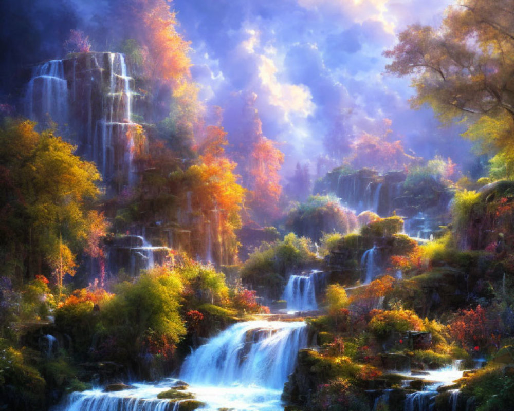 Mystical forest waterfall in autumn sunlight