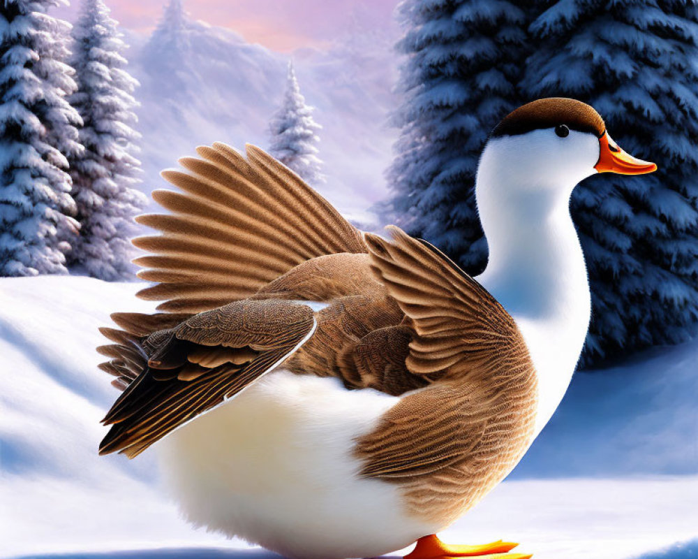 Brown and White Duck Standing on Snow with Spread Wings and Snowy Pine Trees Background