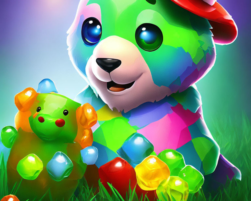 Rainbow-patterned bear with party hat holding gummy bear in whimsical scene