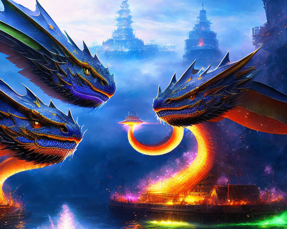 Majestic dragons by mystical river with traditional boat and glowing palace