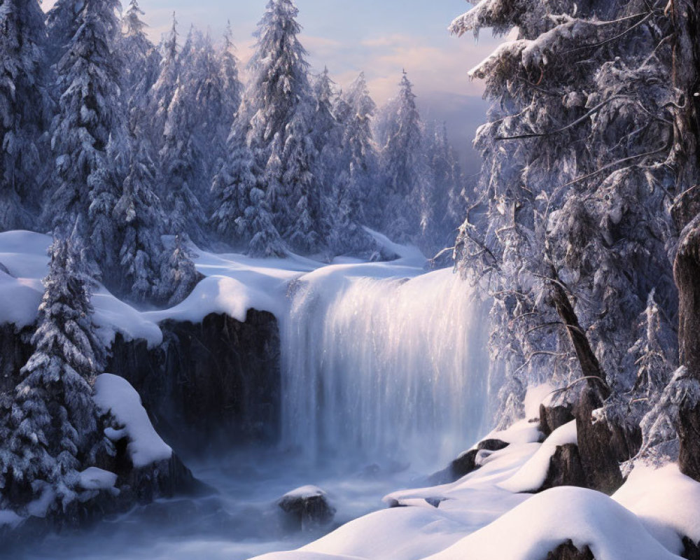 Snow-covered trees and misty waterfall in serene winter scene